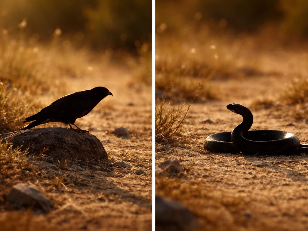 Split view of an alert bird silhouette versus a defensive snake silhouette in a sunny field.