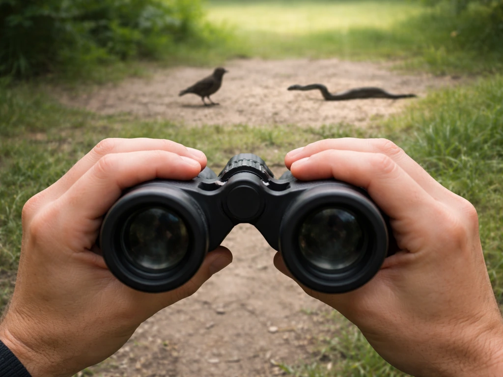 From behind binoculars, two simple wildlife silhouettes: bird with visible legs vs snake without legs.