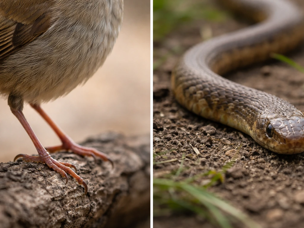 Minimal side-by-side close-up showing bird anatomy markers vs snake body features in a natural setting.