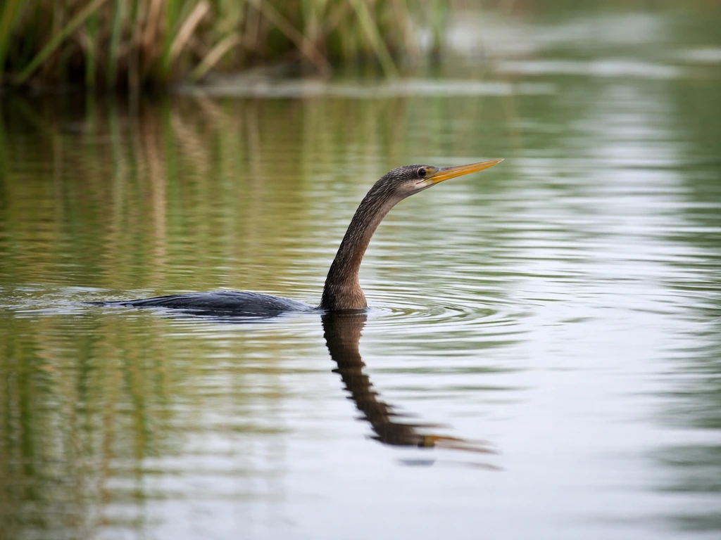Anhinga snakebird floating in water with body submerged and long neck and head above the surface