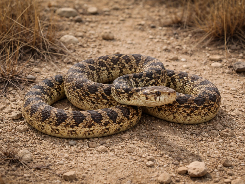 Gopher snake coiled on desert ground with nearby dry grasses, showing the lookalike confusion with rattlesnakes.