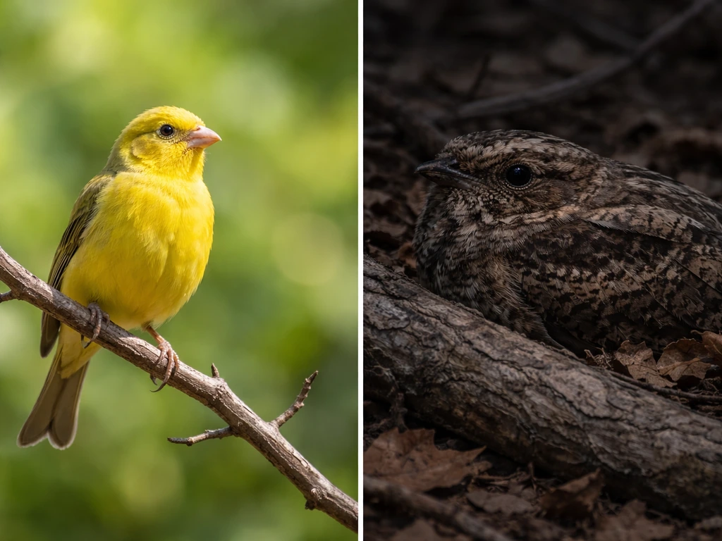Two birds shown in separate daylight and dusk settings: a canary-like senna bird by bright foliage and a camouflaged chu