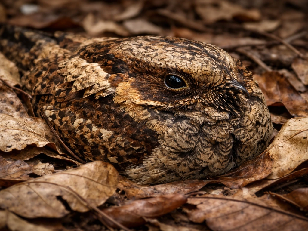 Close-up of a camouflaged Chuck-will's-widow blending into dead leaves with mottled brown and buff plumage.