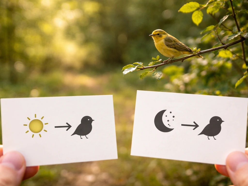 Daytime canary-like bird on a branch with simple sun-to-bird and moon-to-bird decision icons on blank cards.
