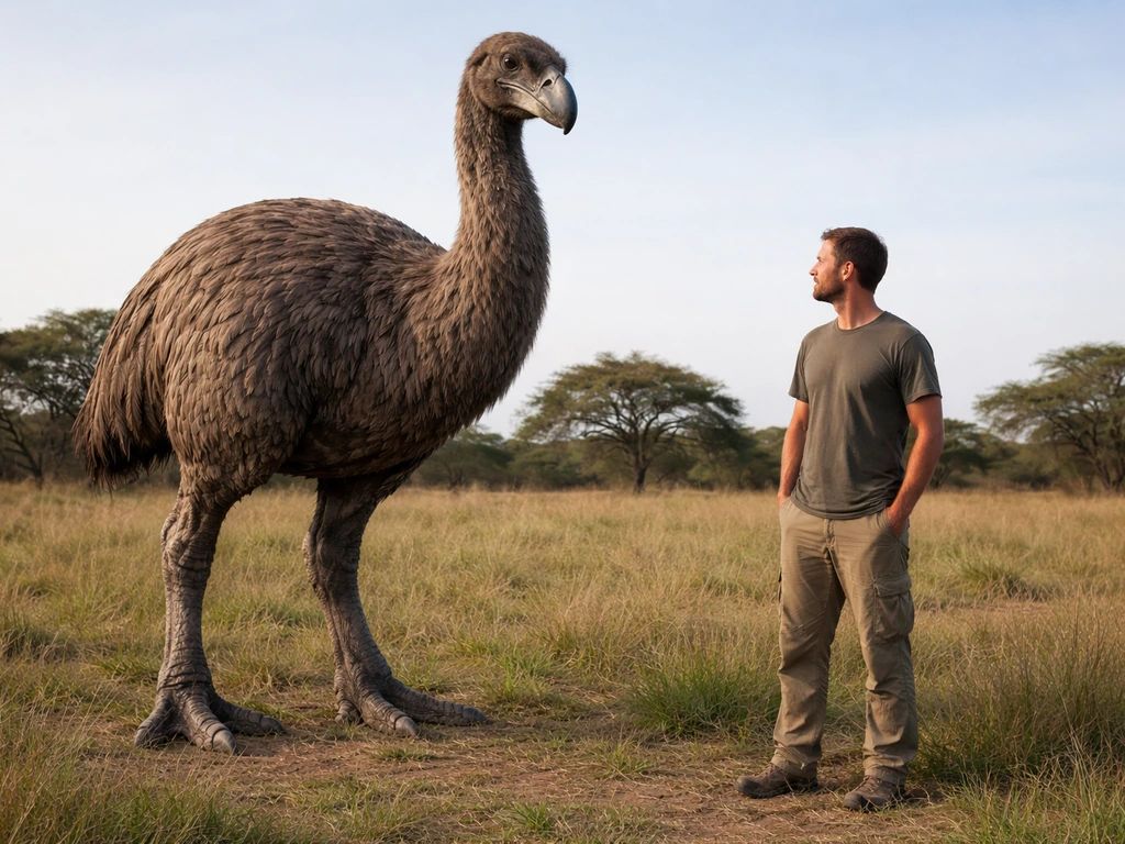 An elephant bird and a human standing side-by-side at ground level to show dramatic scale.