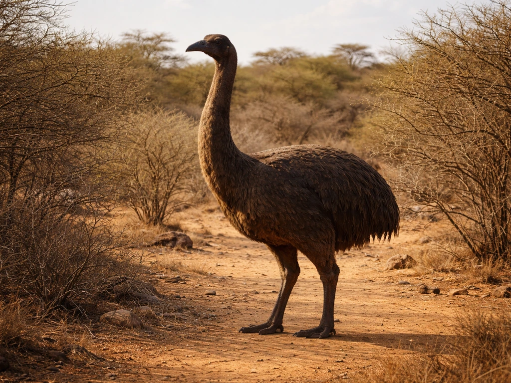 Elephant bird reconstruction standing in Madagascar’s arid spiny bush under warm sunlight.