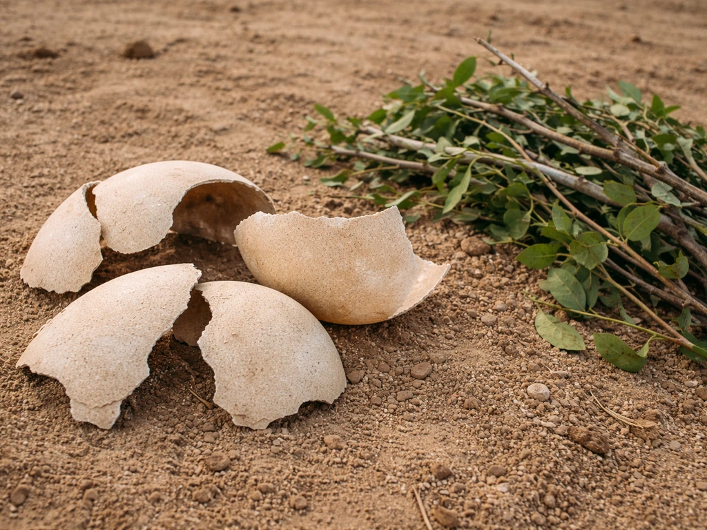 Elephant bird eggshell fragments beside leafy C3-style branches, evoking browsing diet evidence