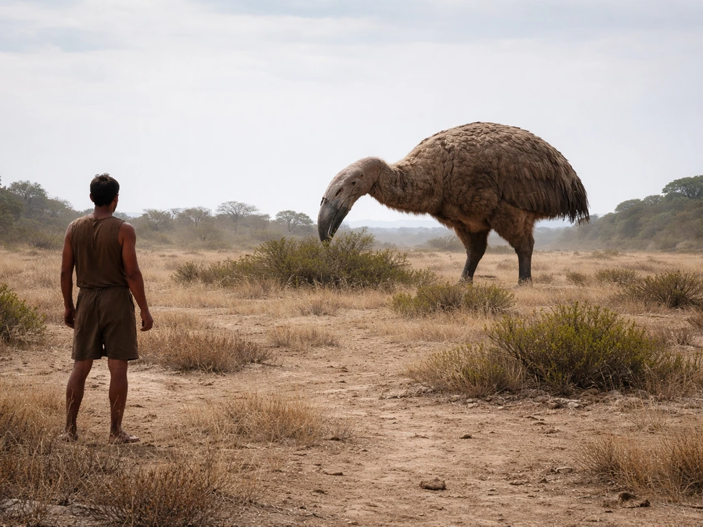 A distant human cautiously watches an elephant bird feeding on sparse vegetation in a quiet prehistoric field.