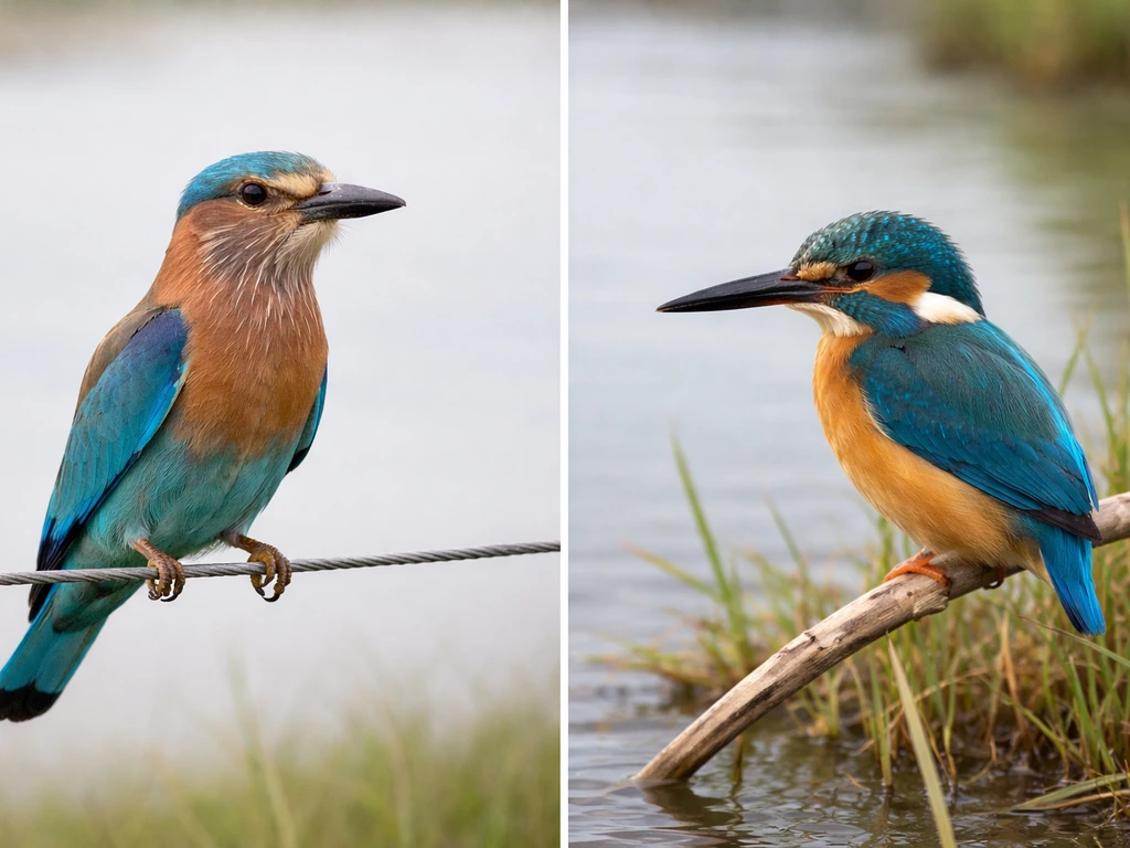 Neelkanth and kingfisher perched side-by-side—one on a fence wire, one near water—showing bill and color differences.
