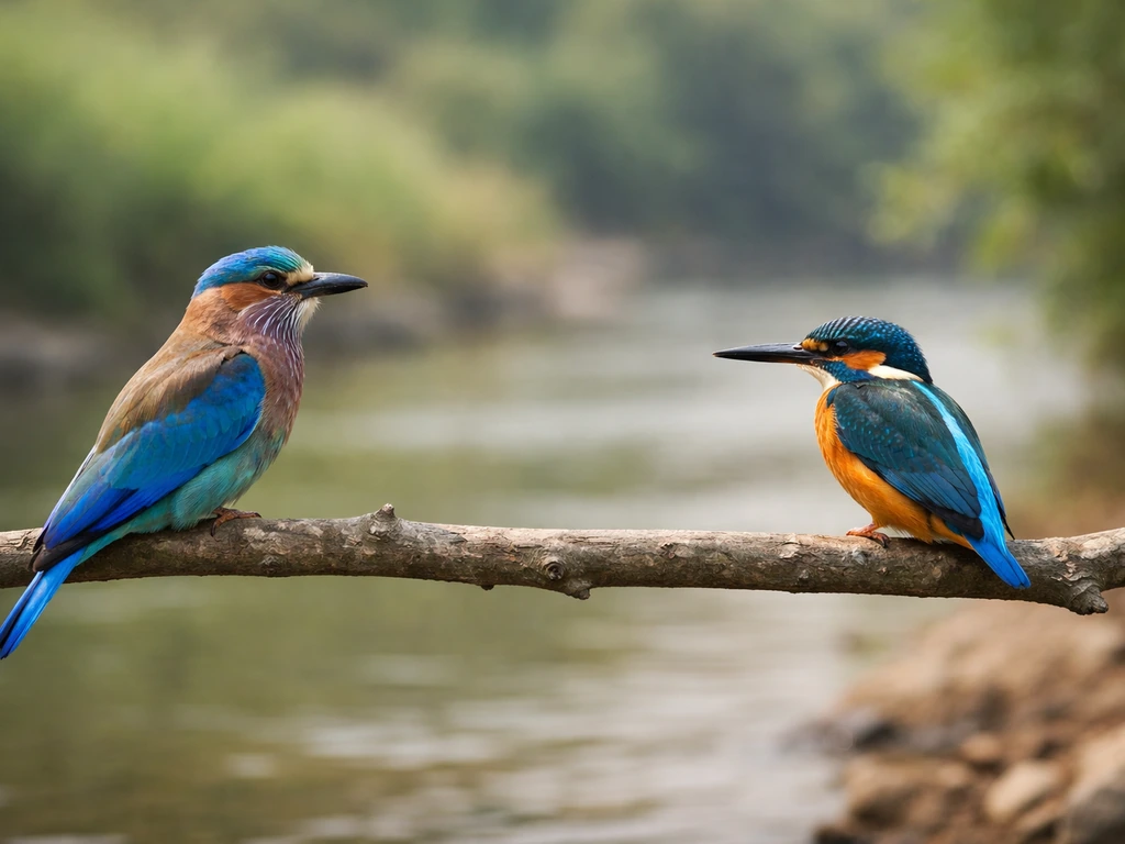 Two perched birds side-by-side—bulky Indian roller versus slimmer kingfisher—showing size and wing shape.
