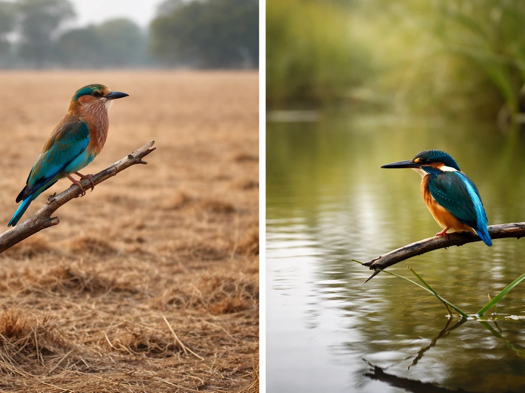 Indian roller on a dry field branch beside a kingfisher perched over shallow water.