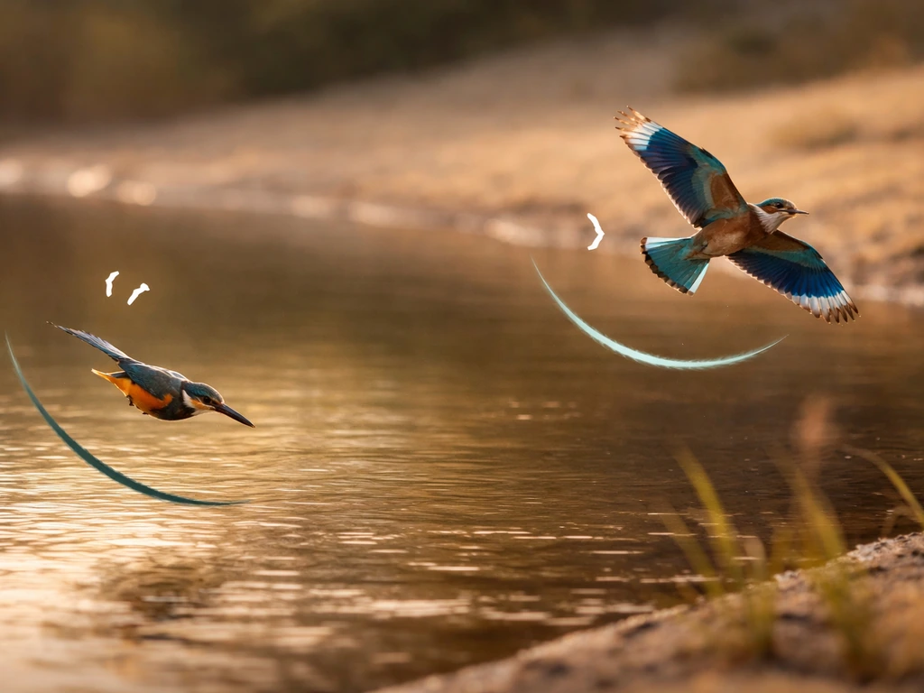 Two small birds in midair over a riverbank, one with a direct dipping flight path, one with heavier roller-like wingbeat