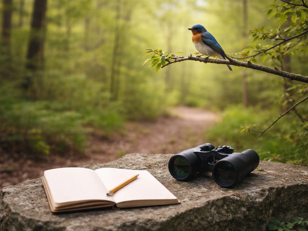 Blue bird perched on a branch with field notebook and binoculars on a stone, outdoors.