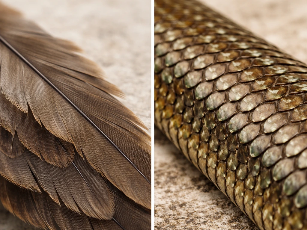 Close-up split scene showing a bird feather texture beside a lizard’s imbricated scales