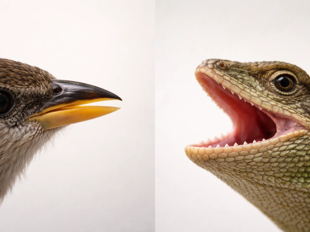 Side-by-side close-up of a bird beak outline and a lizard’s open jaw shape.