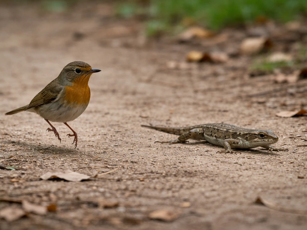 Ground bird hopping upright beside a low-crawling lizard to show different body height and gait.