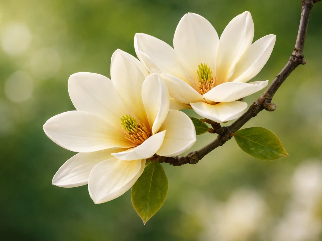 Close-up of creamy-white butterfly magnolia tepal flower with blurred green background.