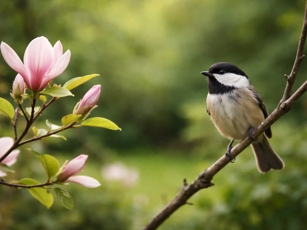 Perched small songbird beside a magnolia branch with leaves and buds outdoors in soft natural light