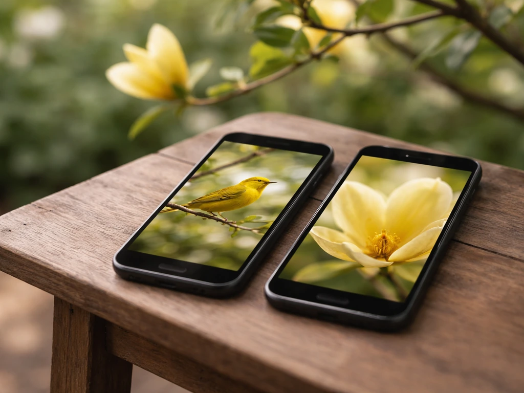 Two phones on a table showing different angles of a yellow bird and a magnolia flower for ID confirmation