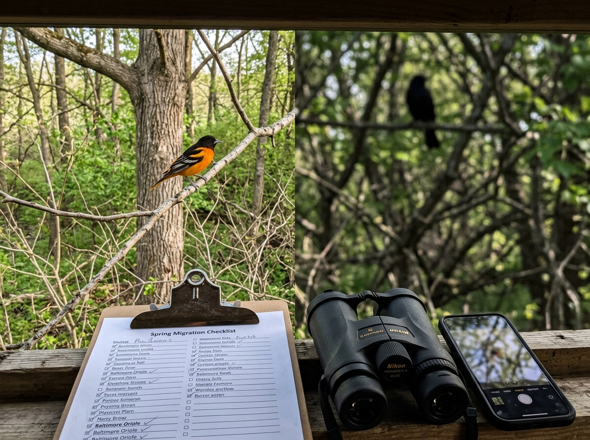 Orange bird perched near birdwatching gear and an identification checklist in natural light.