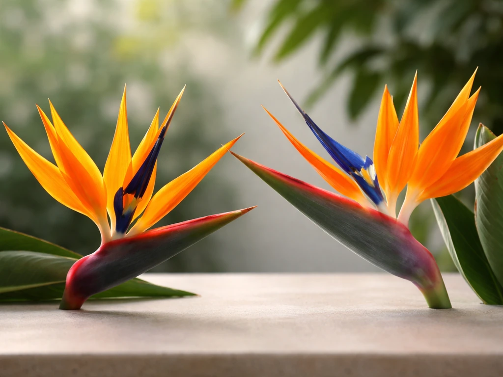 Close-up of a bird-of-paradise flower next to a Strelitzia bloom, side-by-side for plant comparison.