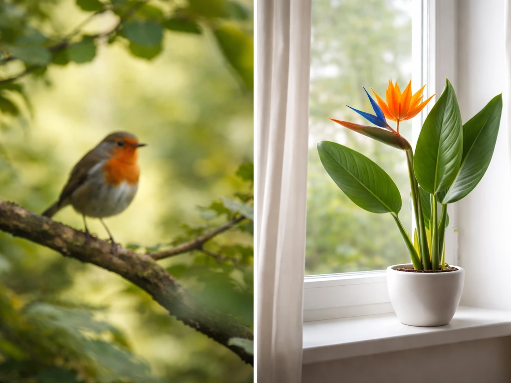 Split image: wild bird in nature on one side, Strelitzia plant/flowers in a vase on the other.
