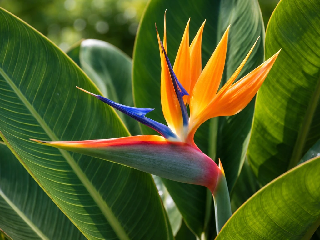 Close-up of Strelitzia reginae leaves and an orange-blue bird-of-paradise flower in soft natural light