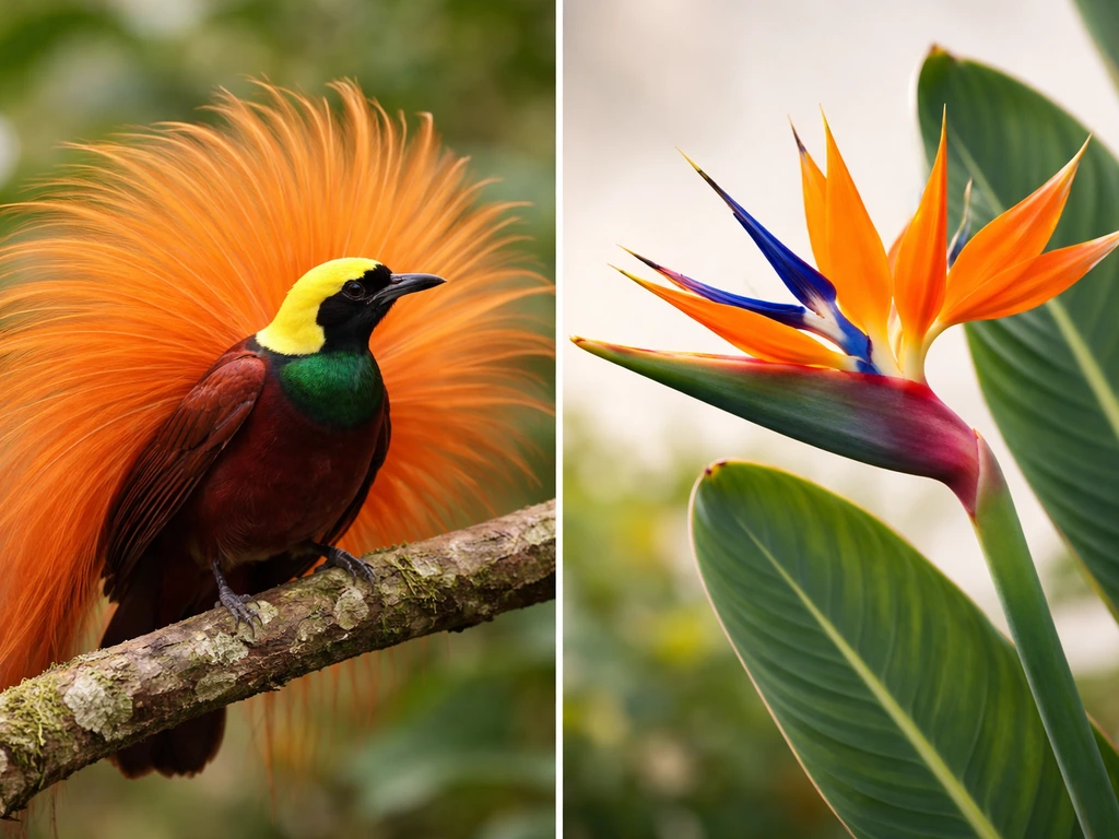 Side-by-side image: bird of paradise feathers next to Strelitzia leaves and orange-blue flower.