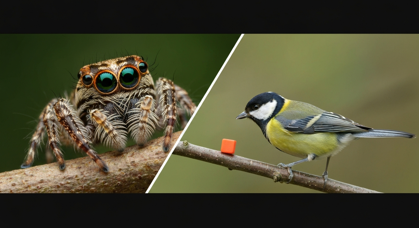 Split-scene image showing a curious jumping spider on the left and a great tit investigating a novel object on the right, illustrating animal personality.