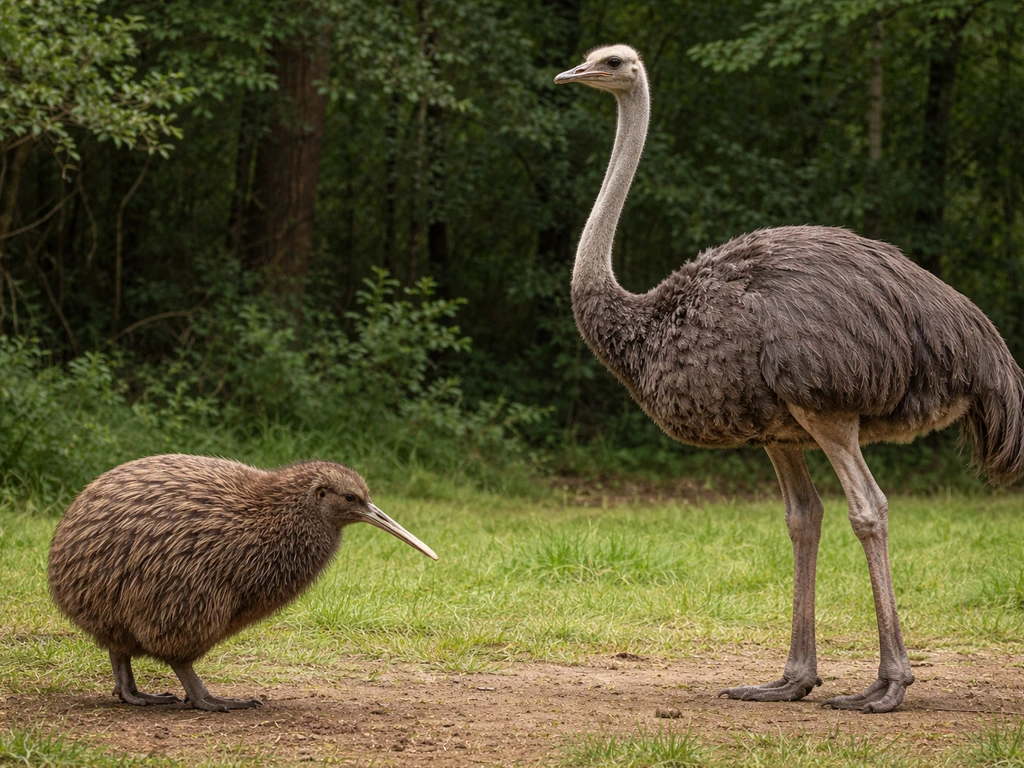 Kiwi-like and ostrich-like birds shown together outdoors in contrasting profiles, highlighting flightless traits