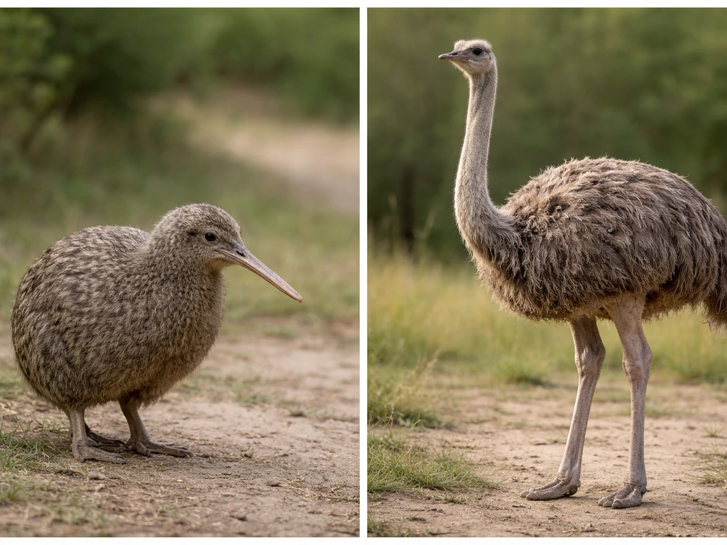 Side-by-side photo comparison of a small kiwi-like bird and a tall ostrich-like bird in outdoors.