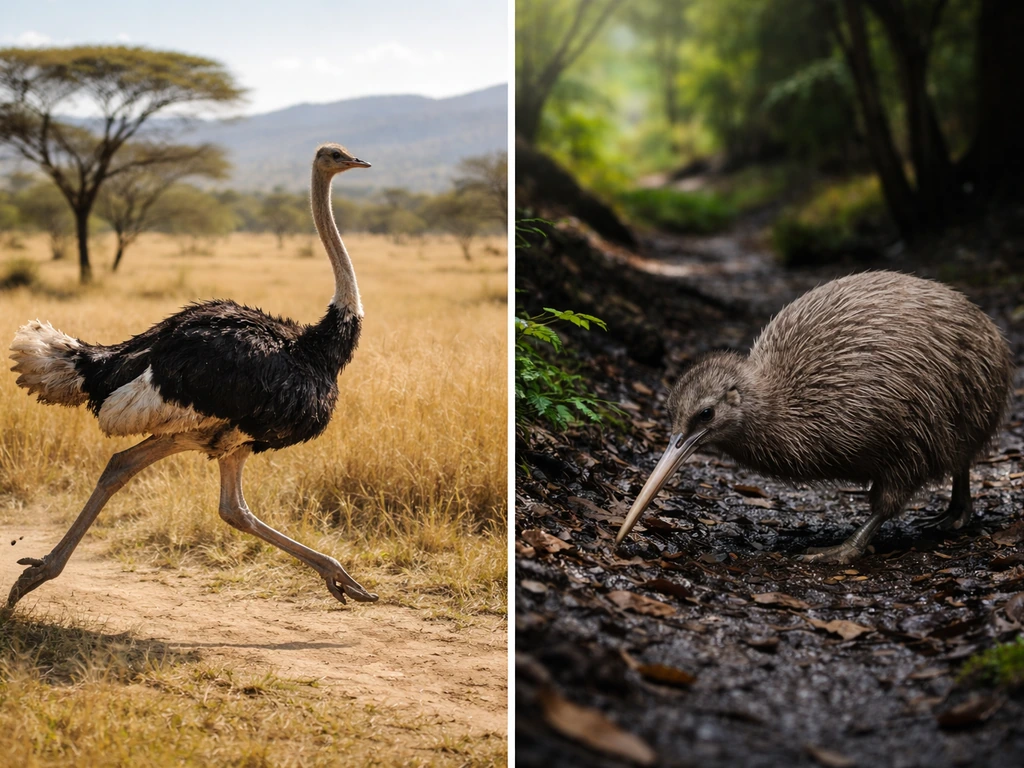 Ostrich sprinting on open ground while a kiwi forages on a dark forest floor.