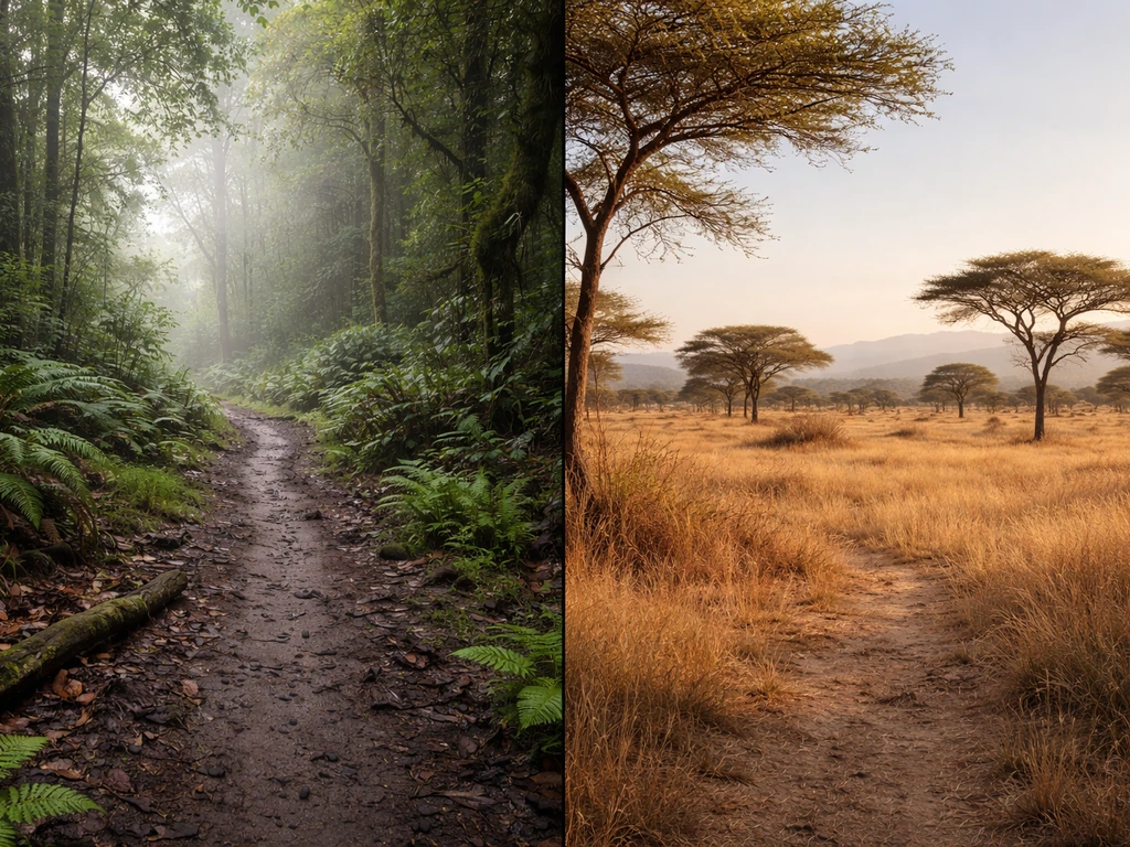 Split landscape: lush New Zealand forest floor with kiwi-like habitat and open African savanna with ostrich habitat