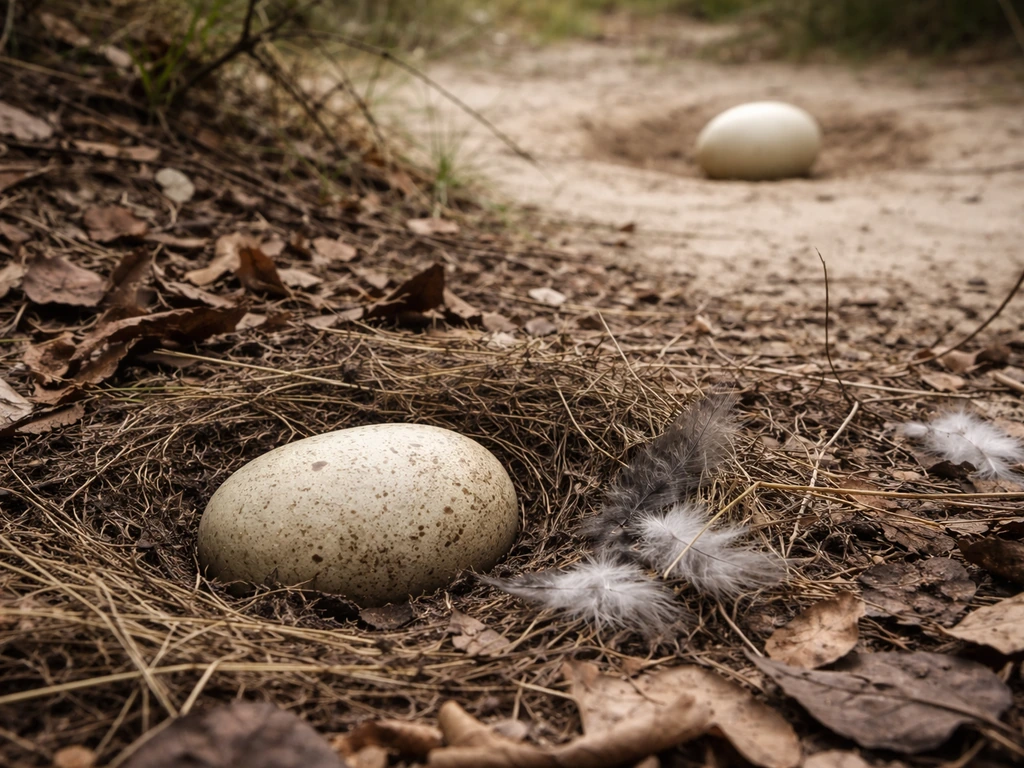 Kiwi-style ground nest with one speckled egg beside a simple ostrich-like nest setup with an egg.