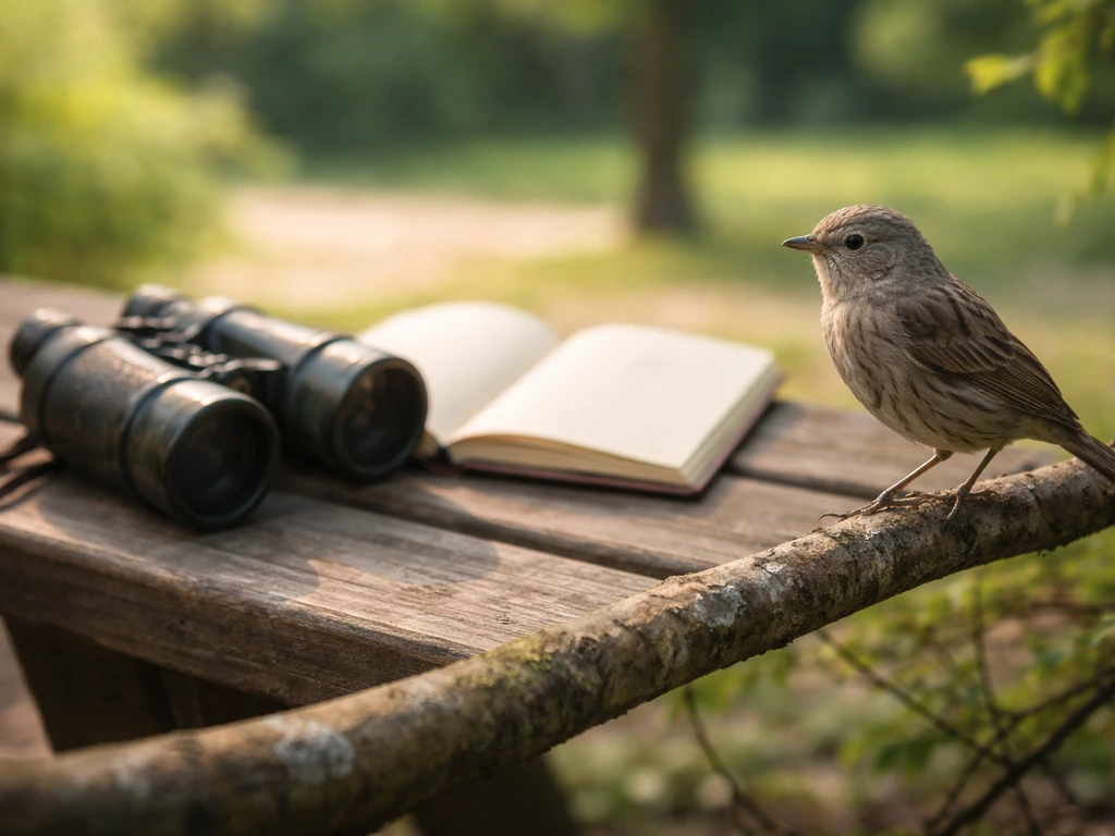 Birdwatcher’s field notes beside binoculars and a small gray-brown bird on a branch