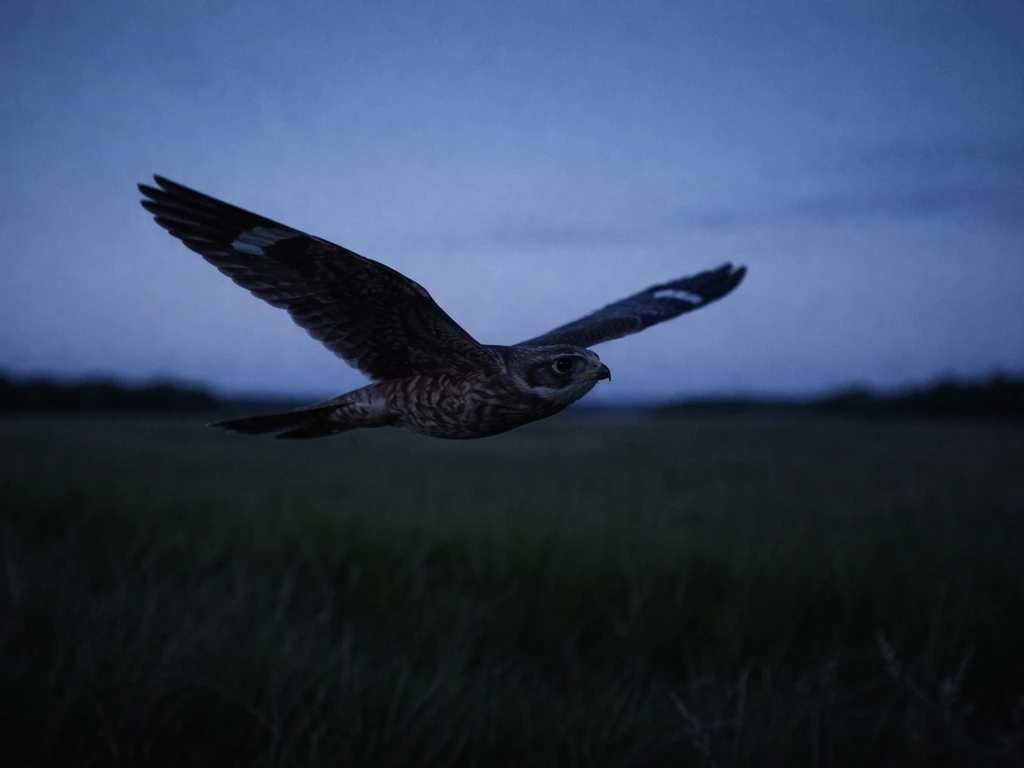Common Nighthawk flying low at dusk over a dark field, wings spread, eye-catching silhouette.