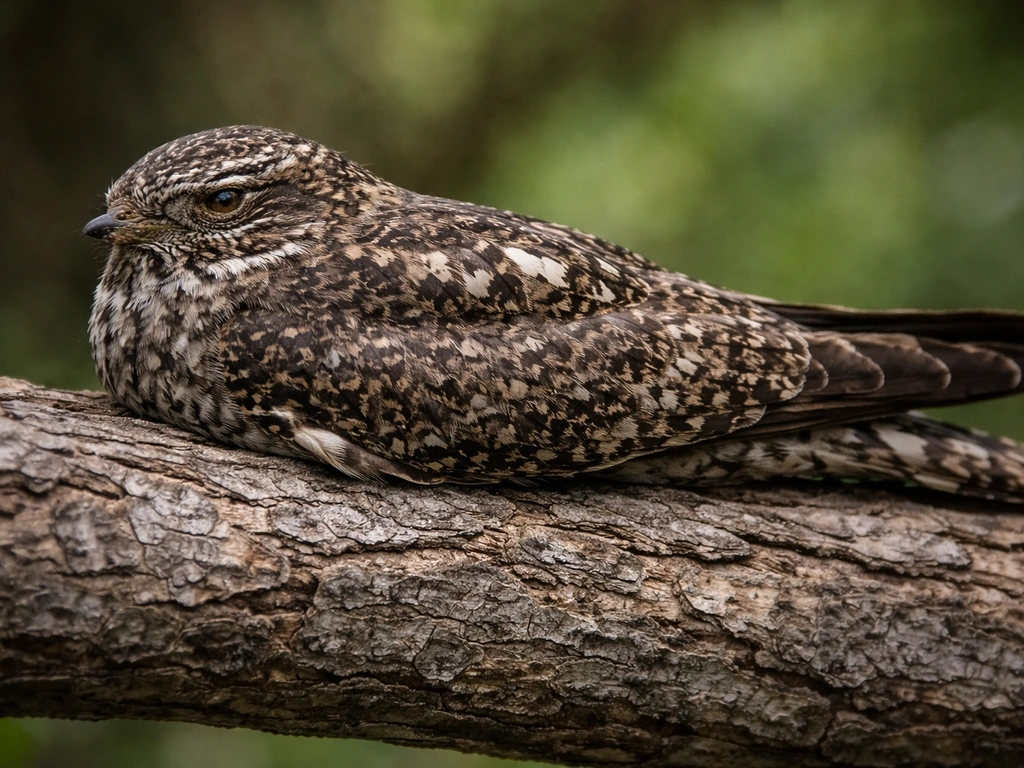 Common nighthawk feathers with mottled brown-gray-black plumage blending on a tree branch