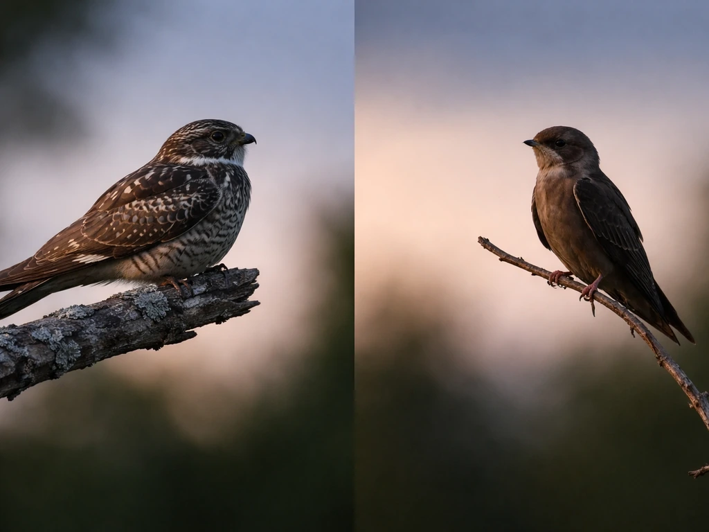 Two nighthawk-like birds perched side by side at dusk, showing distinct silhouettes and feather shapes.