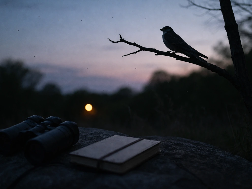 Dusk field photo of a single perched bird silhouette with visible long pointed wings and nearby binoculars.
