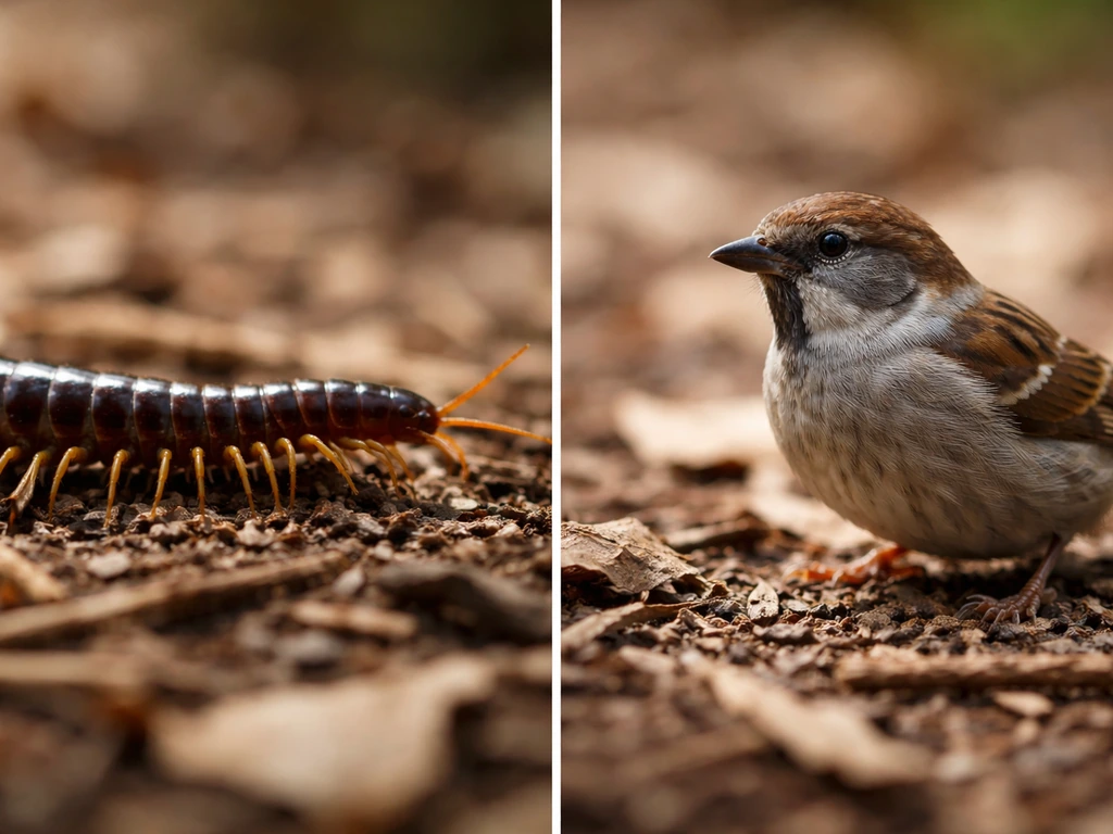 Split hero comparison showing a centipede’s segmented body and a bird’s feathered head and body, outdoors.