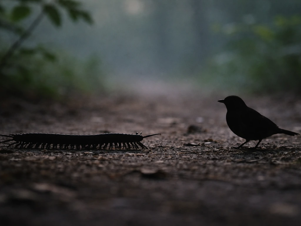 Distant silhouettes comparing a low ribbon-like centipede body with outward side legs vs an upright bird.