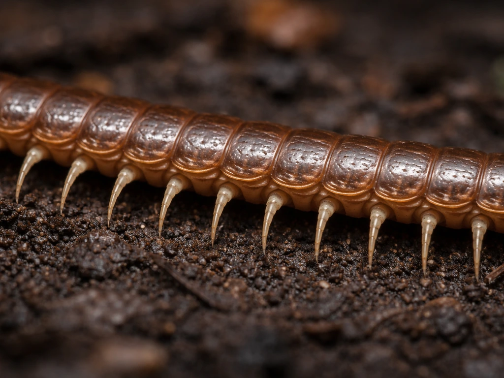 Macro view of a centipede mid-body showing distinct segments and one leg pair per segment.