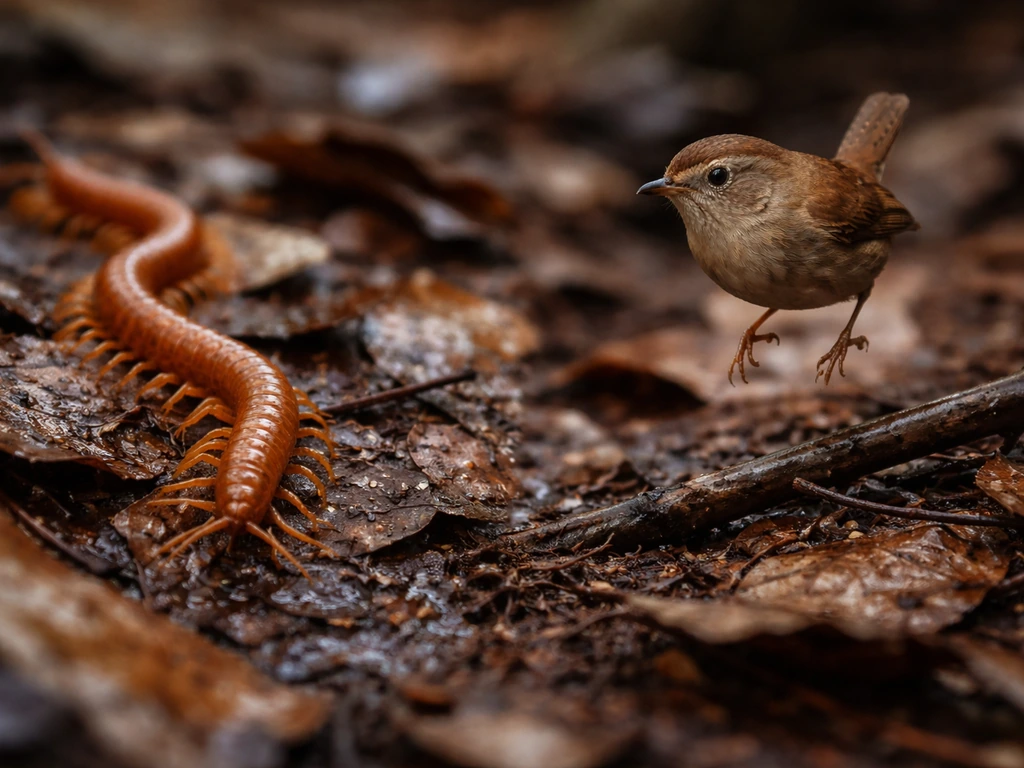 Centipede crawling with wave-like body undulations and a small bird hopping on two legs