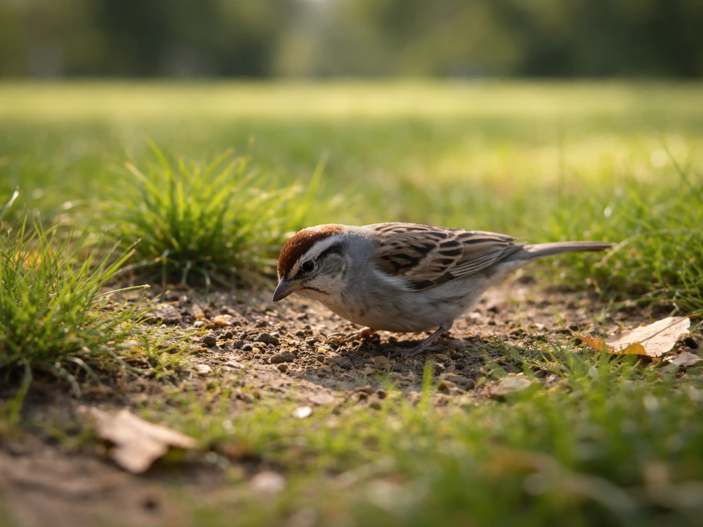 Small songbird foraging on grass in a quiet park during morning light.