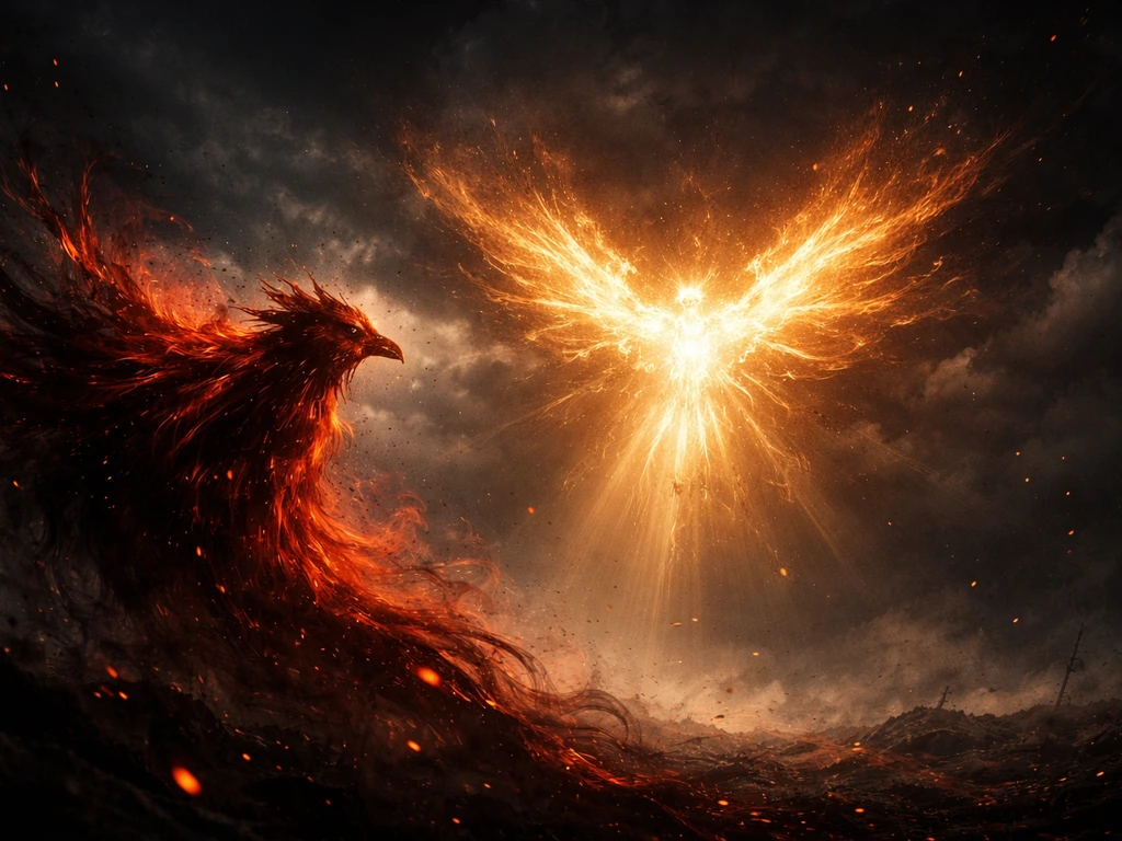Elemental clash: vermilion ember-bird opposing a radiant phoenix glow in a stormy, fiery sky.