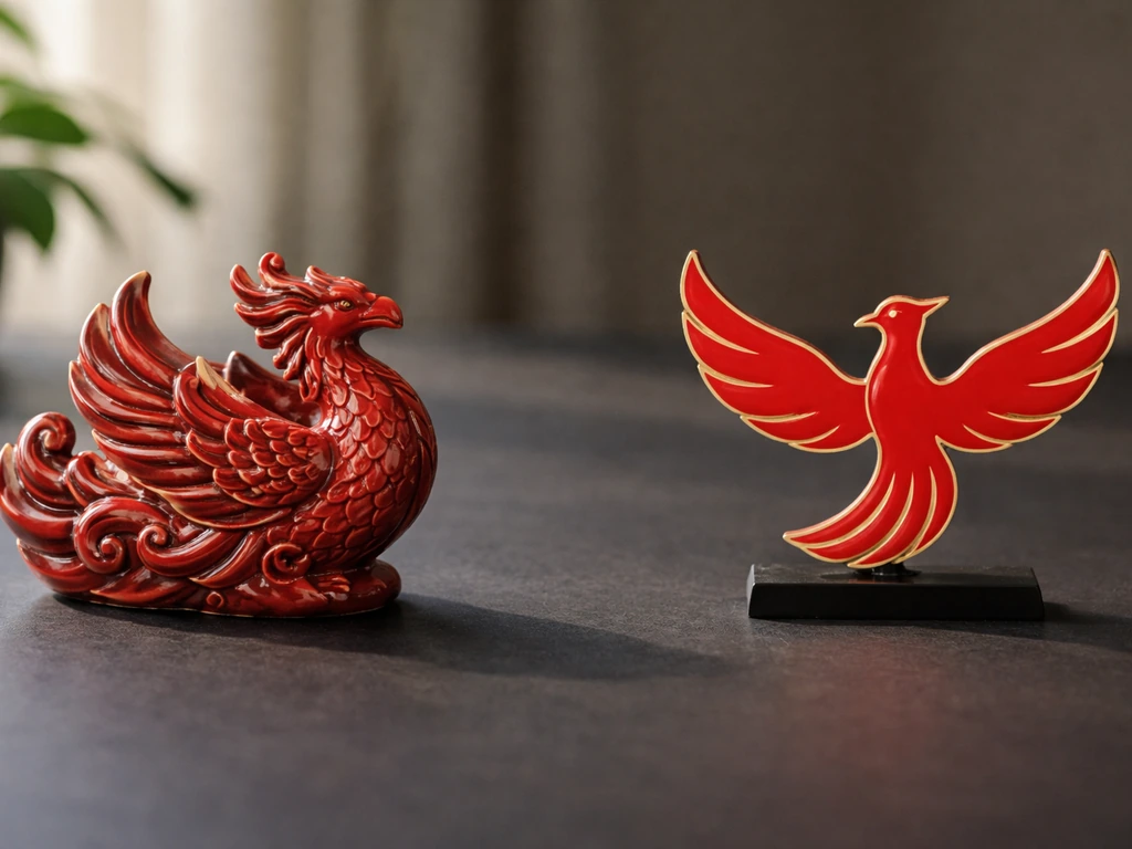 Two red vermilion-bird symbols side-by-side on a dark minimalist background