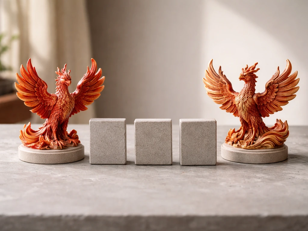 Two small phoenix statues on a stone table, separated into three blank criterion sections by stone dividers.