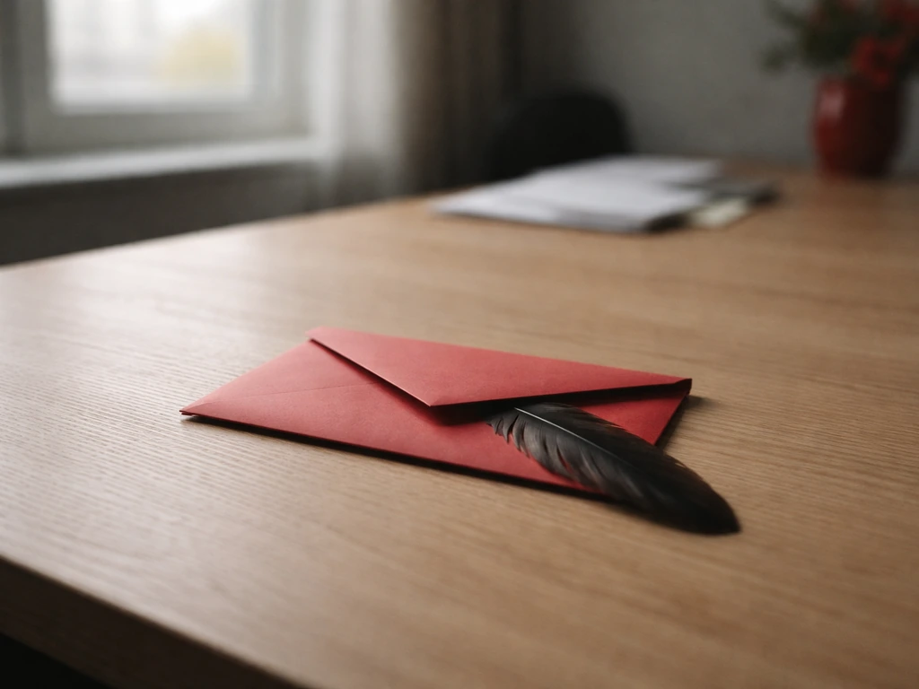 Quiet office desk with a sealed red envelope and a faint feather-like shadow, symbolizing an under-described guardian.