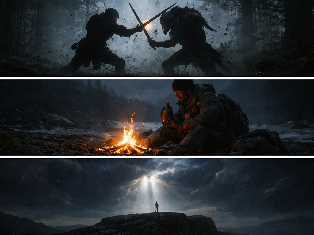 Three-part fantasy showdown: a quick sword clash, a prolonged endurance trial, and a star-lit cosmic power scene.