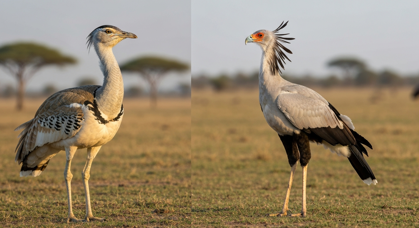 Photorealistic side-by-side of a Kori Bustard (barred, heavy-bodied) and a Secretary Bird (tall, long-legged with bare orange facial skin and black crest) on open savanna at golden hour